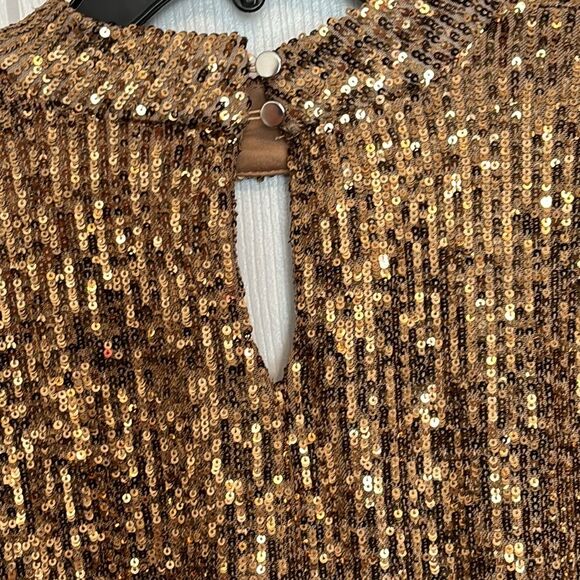 Cable & Gauge | Gold Sequin Puff Long Sleeve Mock neck Keyhole Blouse Shirt - Picture 7 of 16